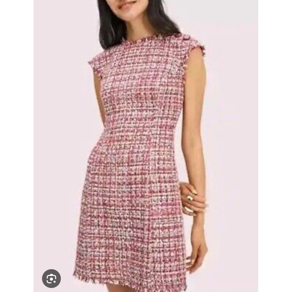 Kate Spade Metallic Pink Metallic Tweed Fringe Sheath Mini Dress Size 00